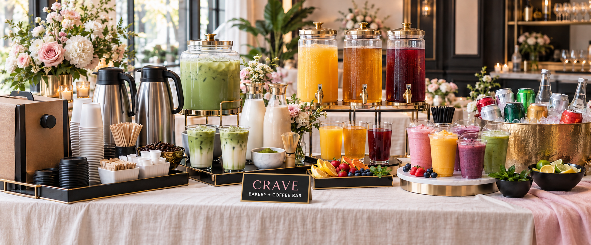 Crave coffee, matcha, juice, smoothie, and soda catering station