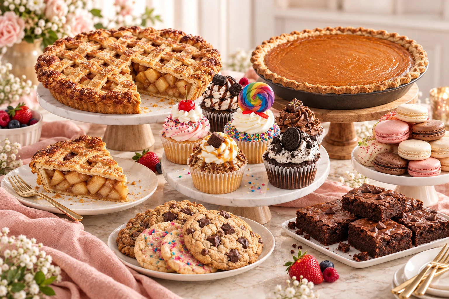 Crave complete dessert table with pies, jumbo cupcakes, macarons, cookies and brownies
