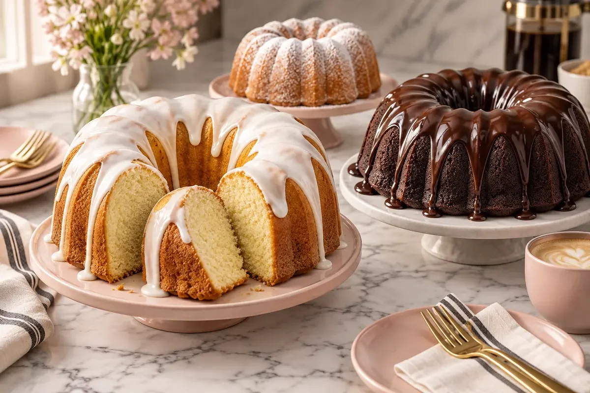 Vanilla, chocolate and powdered sugar Bundt cakes