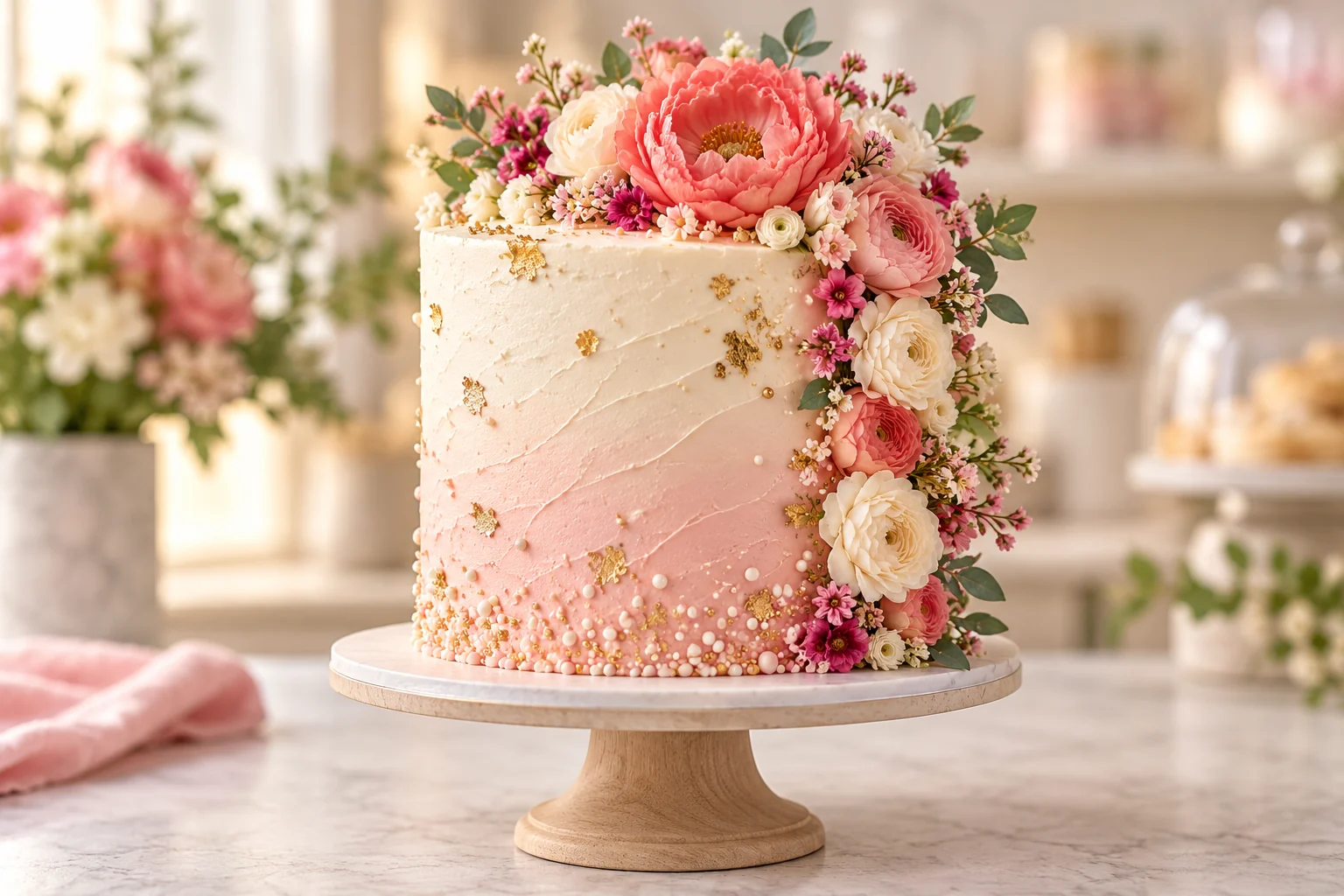 Crave signature custom blush floral cake with gold accents