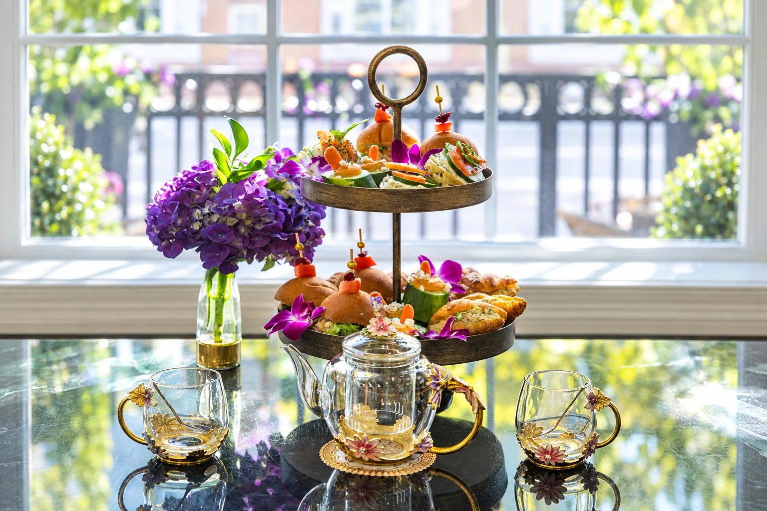 Crave Southern Afternoon Tea with a two-tier savory stand, purple flowers, and floral glass teaware