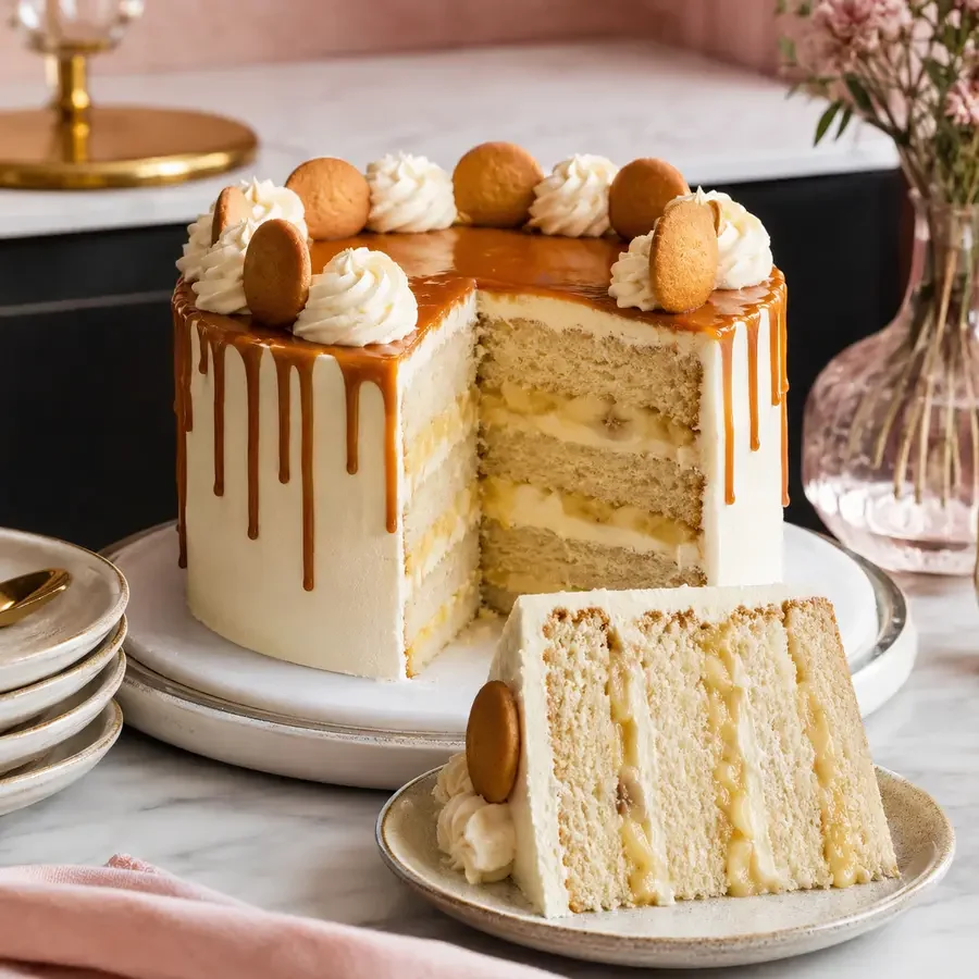 Crave tall banana pudding layer cake with vanilla wafers and caramel