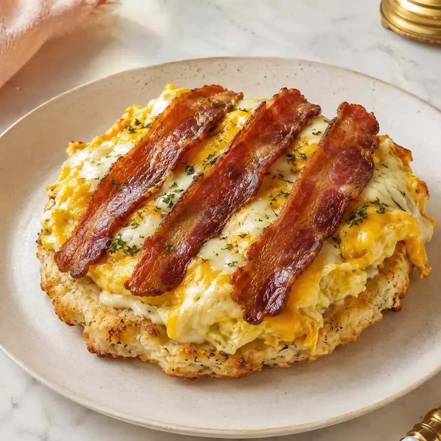 Crave open-faced giant garlic-cheddar biscuit topped with egg, cheese and three strips of bacon