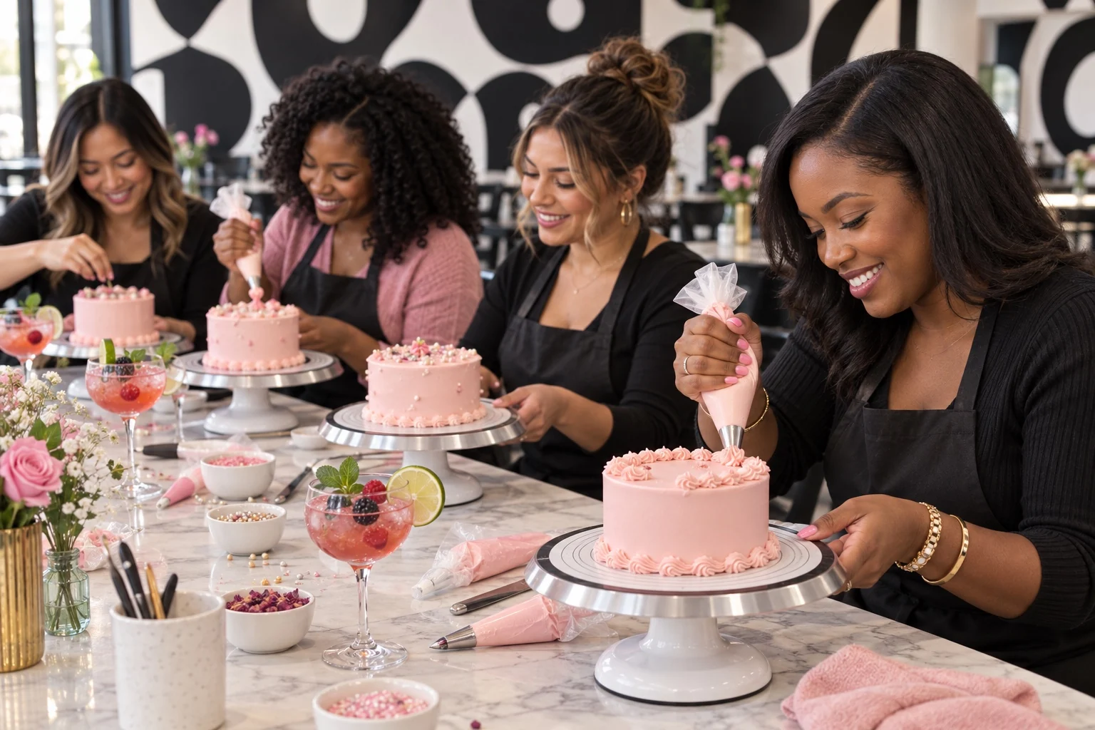 Four women decorating individual pink cakes with berry mocktails at a Crave Cake and Sip class