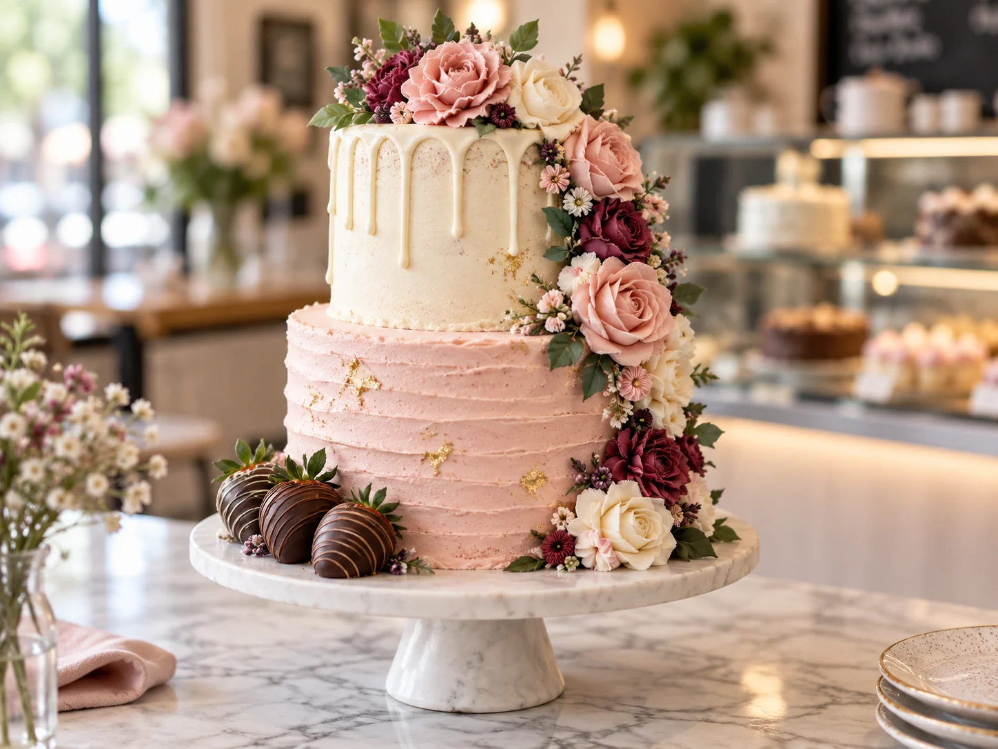 Elegant two-tier Crave celebration cake with blush and ivory buttercream, floral details, gold accents, and chocolate-covered strawberries