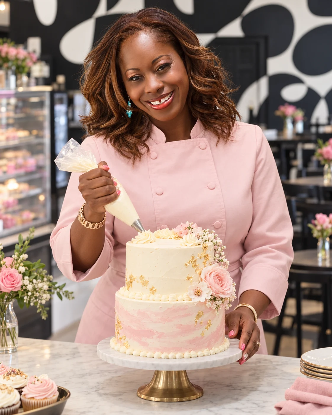Crave founder Camille decorating an elegant celebration cake inside Crave Bakery and Coffee Bar