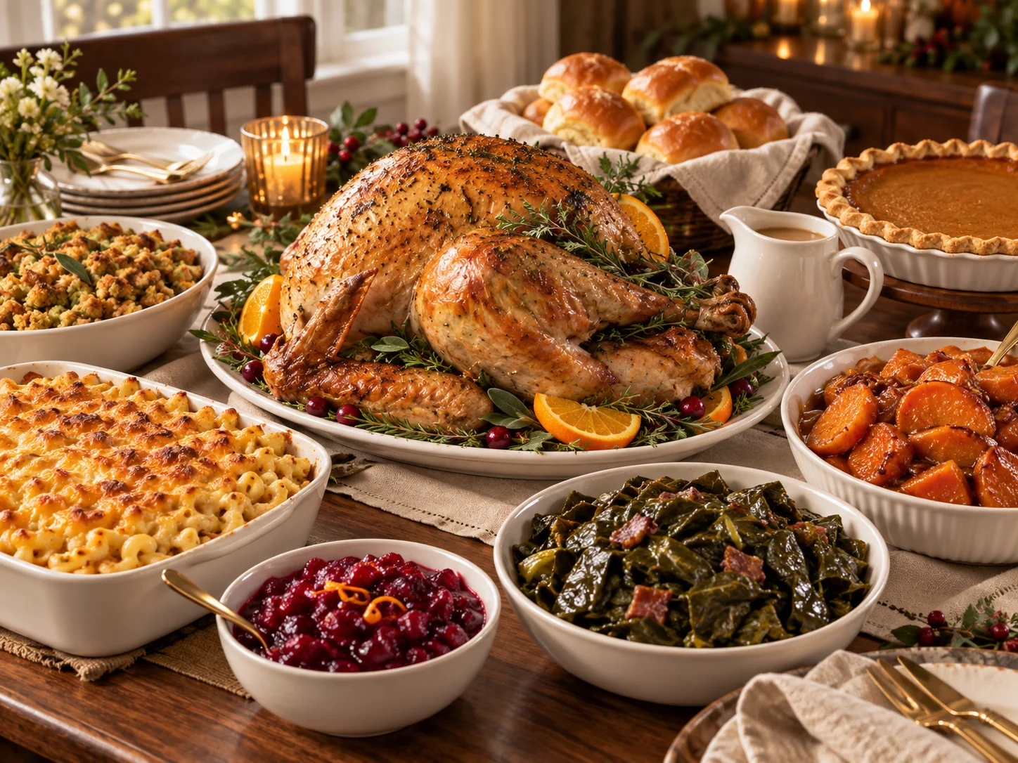 Southern holiday spread with roast turkey, macaroni and cheese, collard greens, candied yams, rolls, and sweet potato pie