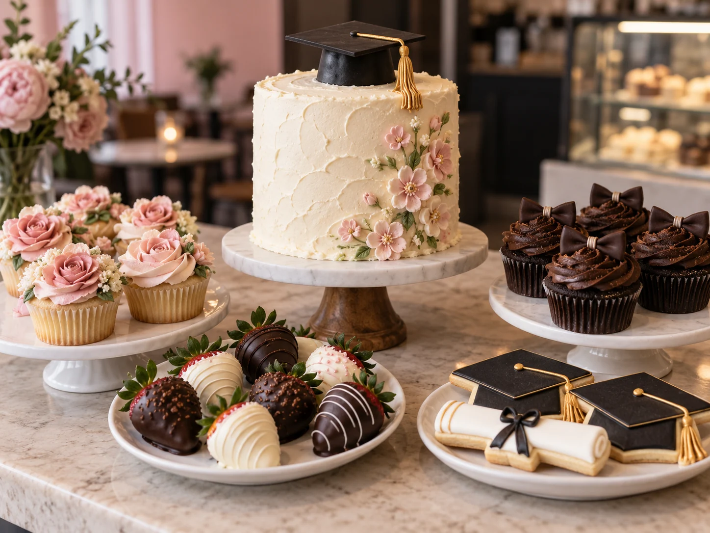 Crave celebration cake, floral cupcakes, chocolate bow-tie cupcakes, dipped strawberries, and graduation cookies for Mom, Dad, and Grad