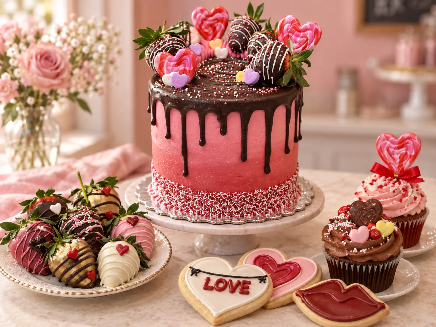 Crave Valentine's Day pink chocolate-drip cake, chocolate-covered strawberries, cupcakes, and heart cookies