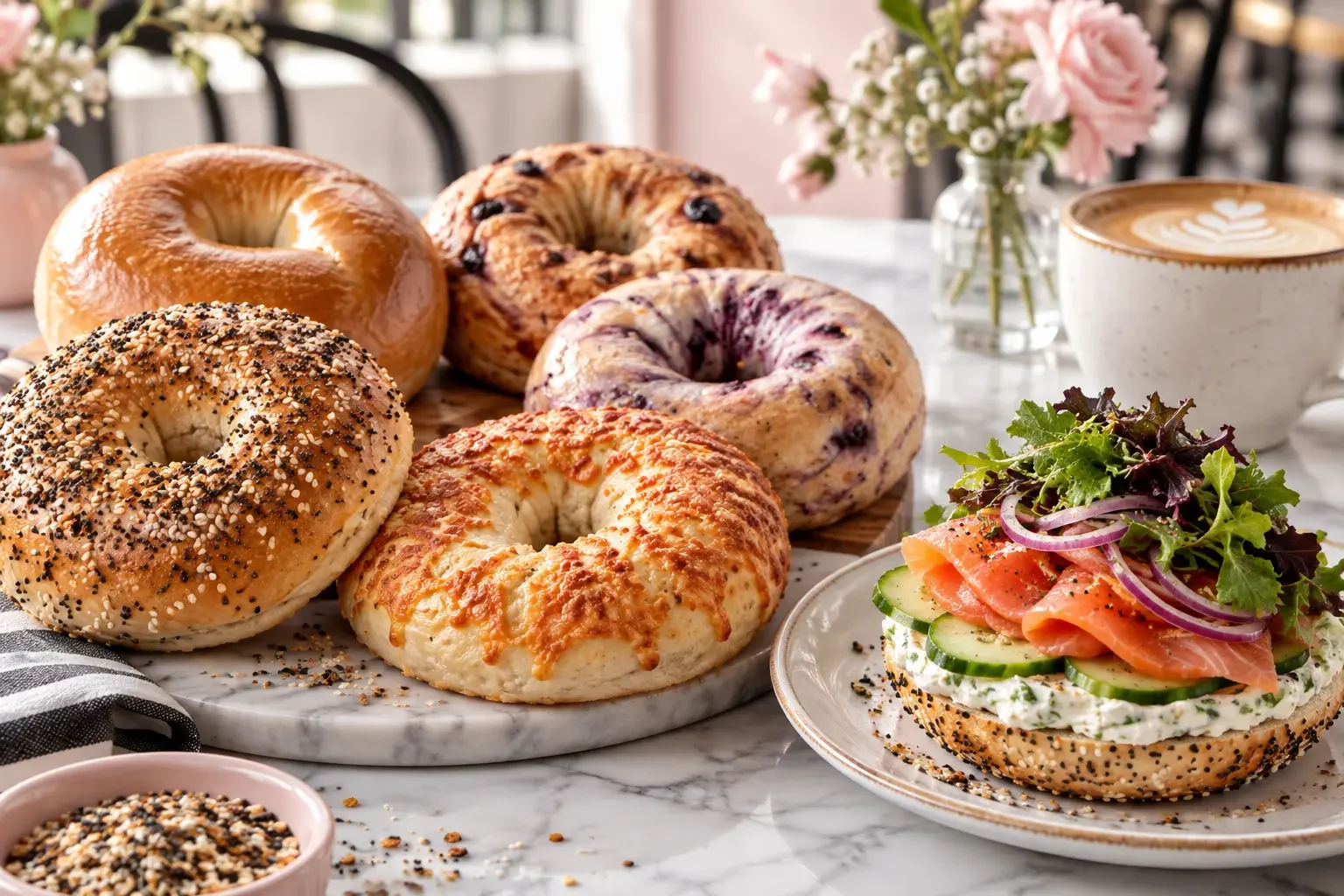 Crave bagel assortment with an open-faced smoked salmon bagel
