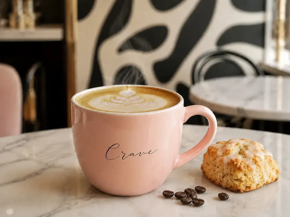 Crave signature latte with a fresh scone