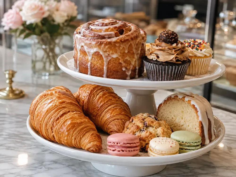 Assortment of Crave pastries, cupcakes, croissants and macarons