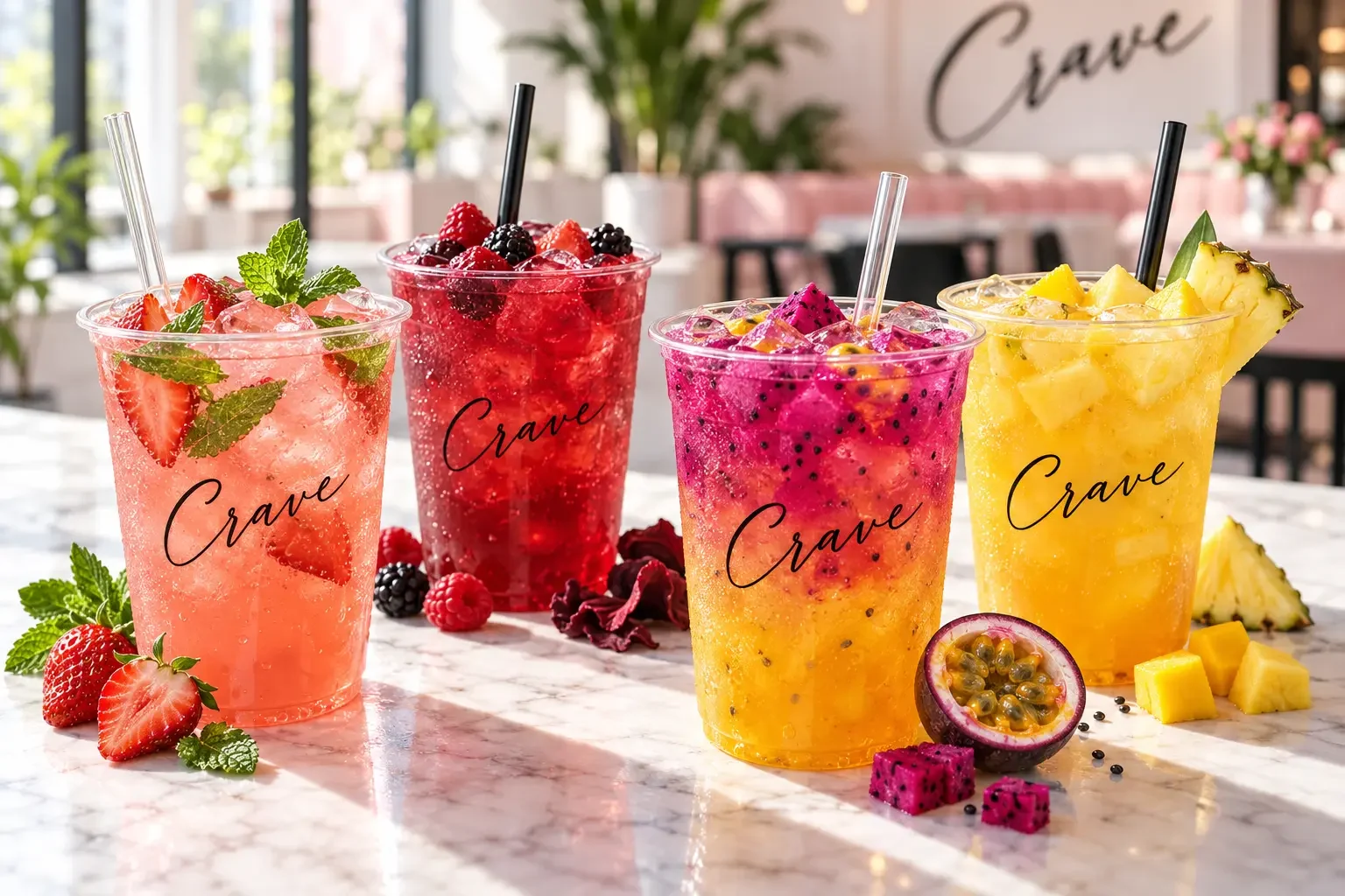 Four colorful Crave iced fruit refreshers