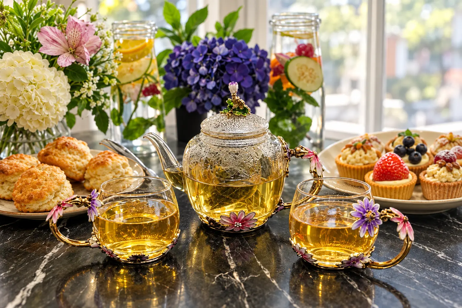 Crave floral glass teapot and teacups surrounded by scratch-made scones, pastries and flowers