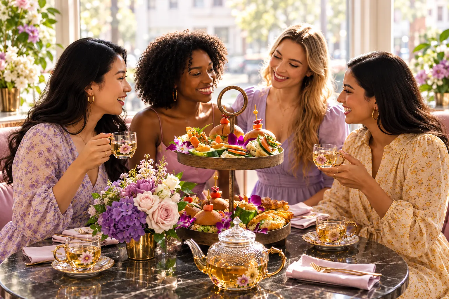 Four friends celebrating the season together over Crave Southern Afternoon Tea